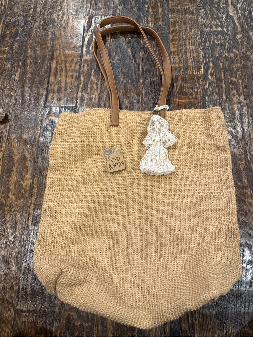 Karma Natural Woven Tote with Cream Tassel and Brown Straps